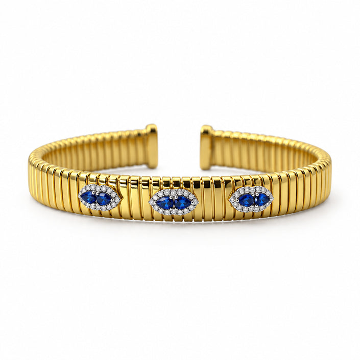 Yellow Gold Silver 925 Blue Stone Cluster Cuff Bracelet